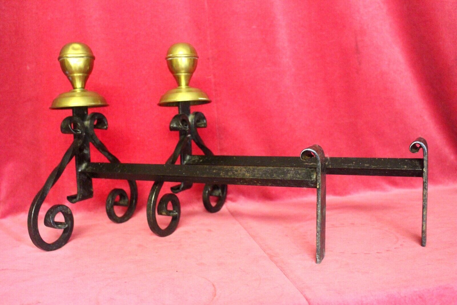 Pair Of Vintage Decorative French Iron And Brass Andirons Fire Dogs photo for sale