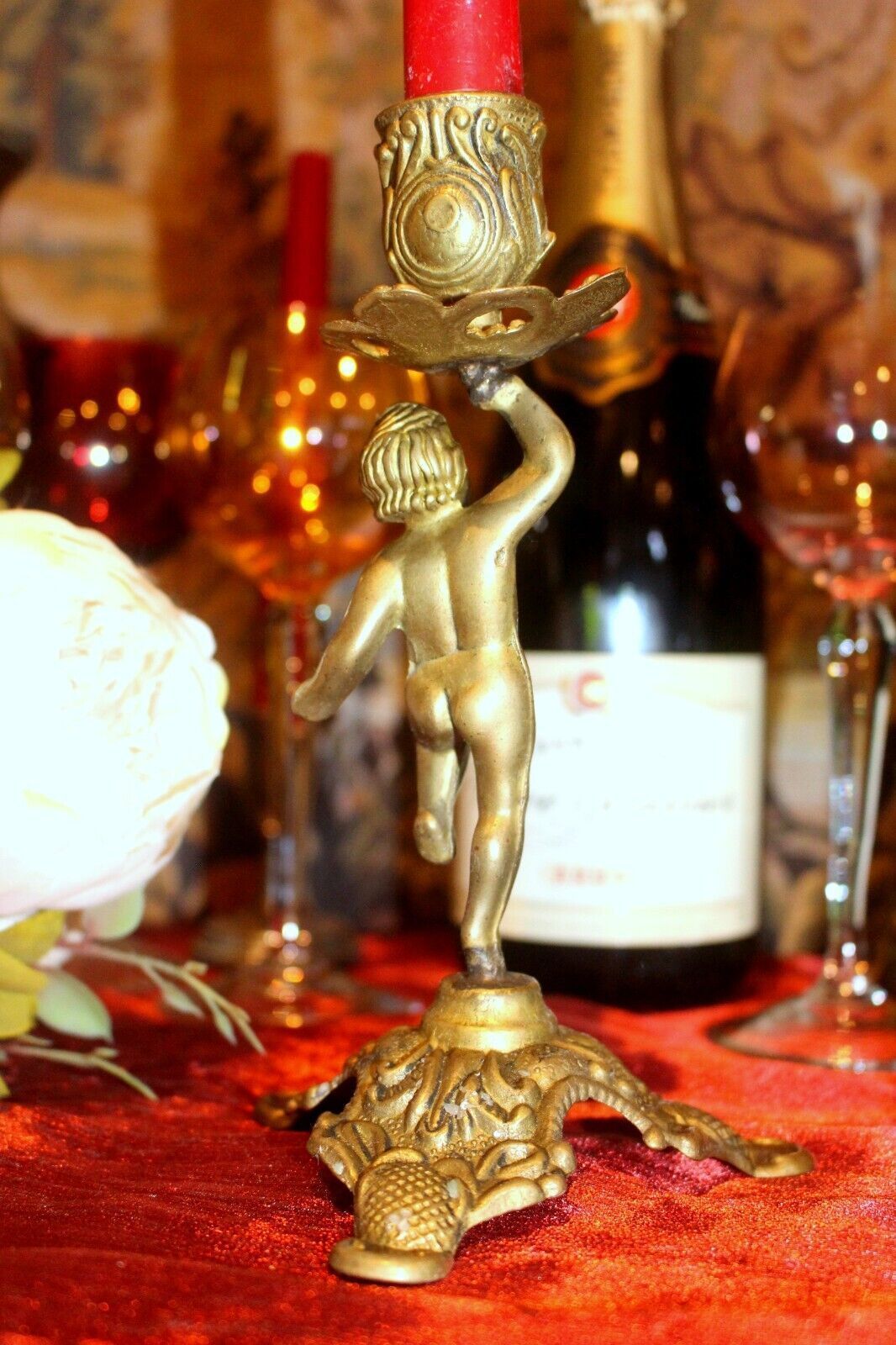 Heavy French Vintage Embossed Brass Desk Table Cherub Candle Holder photo furniture
