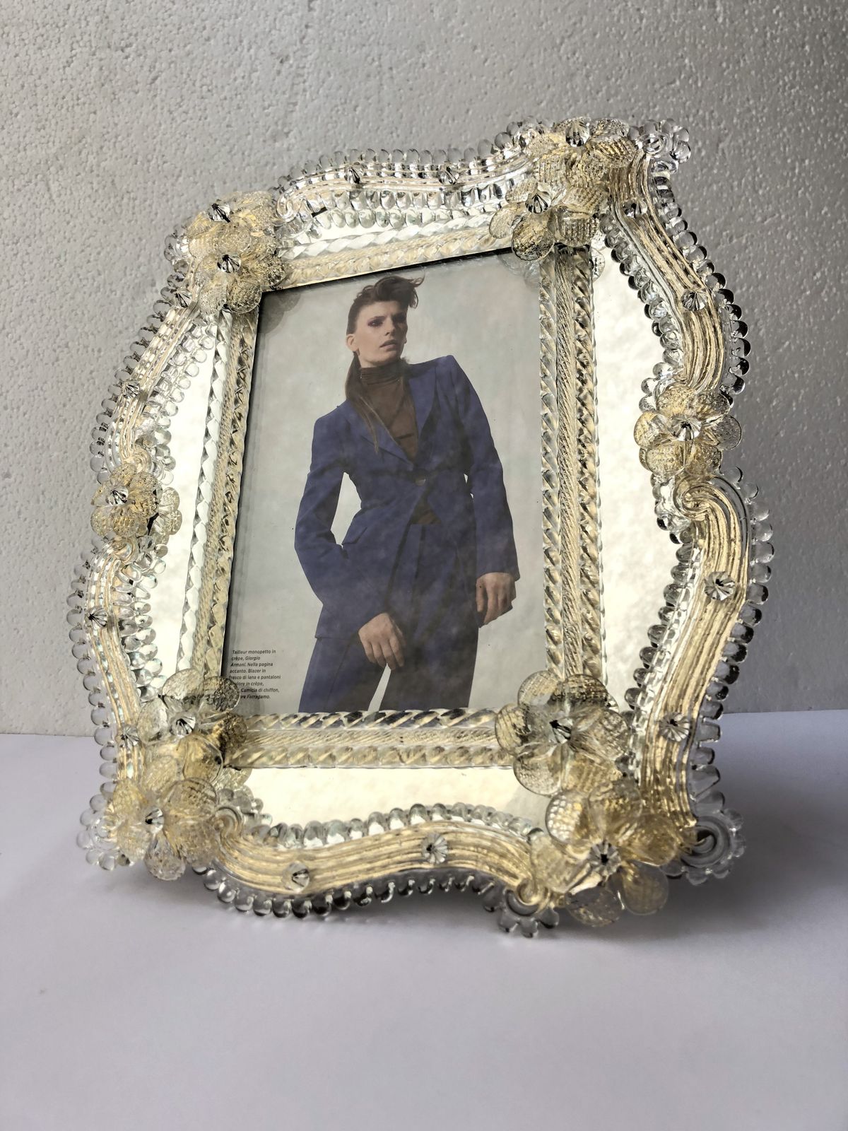 Transparent And Gold Murano Glass Photo Frame With Flowers.