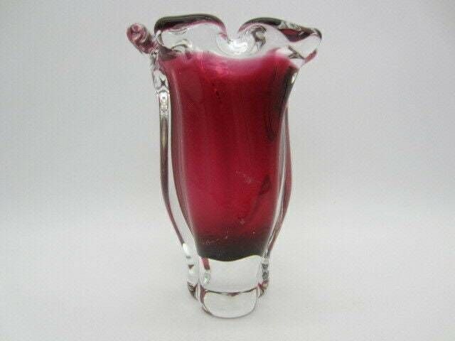 Attractive Hand Blown Chribska Sommerso Style Pink Art Glass Tulip Bud Vase photo 53.99