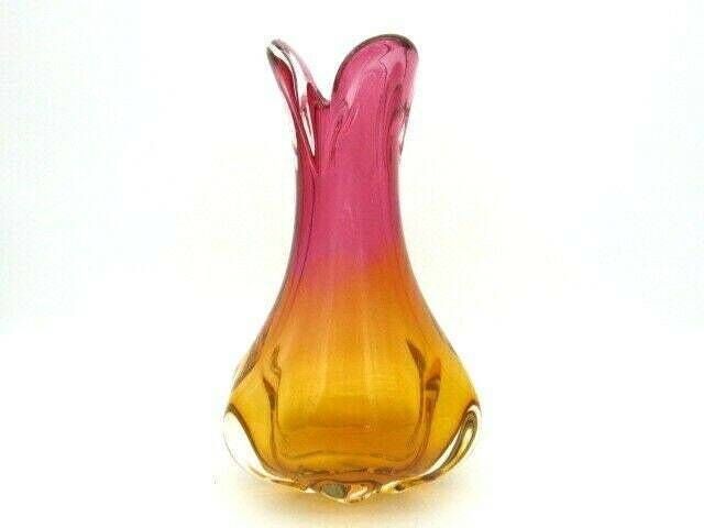 Beautiful Chribska Flower Mouth Pink And Orange Sommerso Art Glass Vase photo for sale