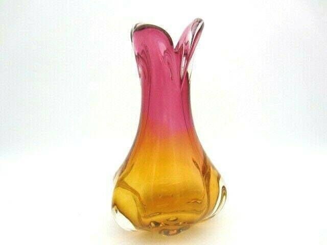 Beautiful Chribska Flower Mouth Pink And Orange Sommerso Art Glass Vase photo vinterior