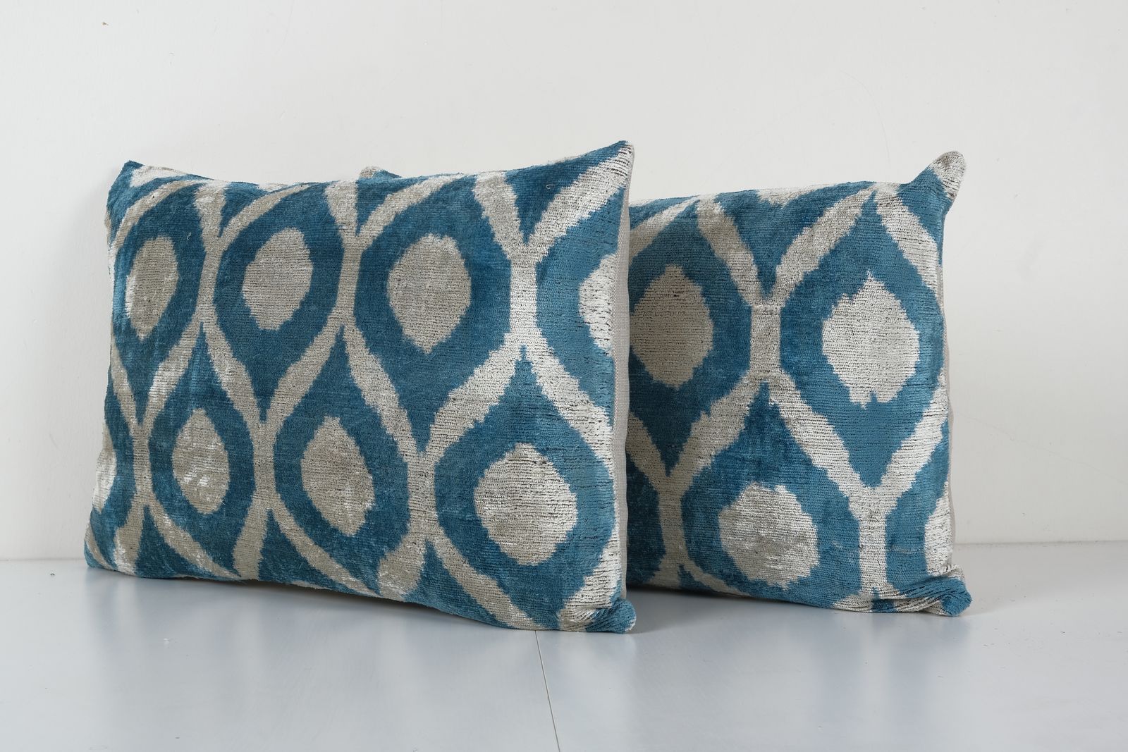 Sky Blue Ikat Velvet Pillow, Set Of Two Silk Lumbar Cushion Cover, Pair Boho Pillow, Uzbek Velvet Cover 16'' X 24'' photo furniture