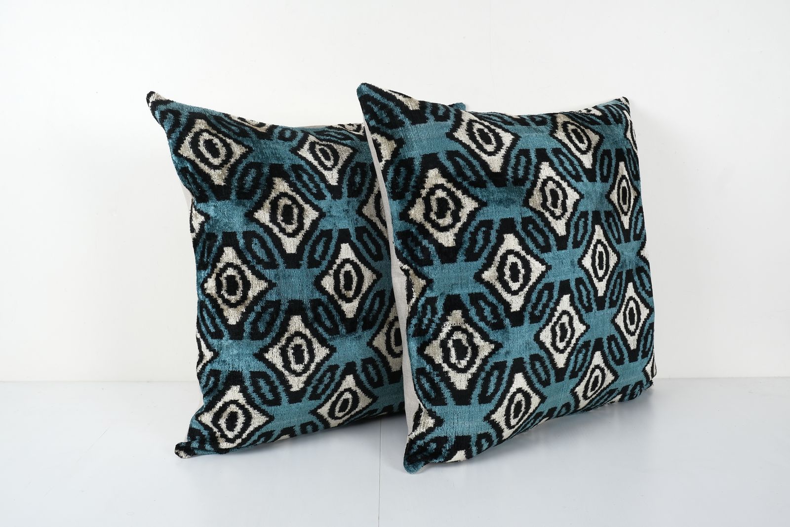 Ikat Azure Blue Pillow Cover   Pair Silk Ethnic Velvet Square Pillow Cover   Set Ethnic Decorative Pillow   Velvet Ikat Pillow 24'' X 24'' photo Textiles