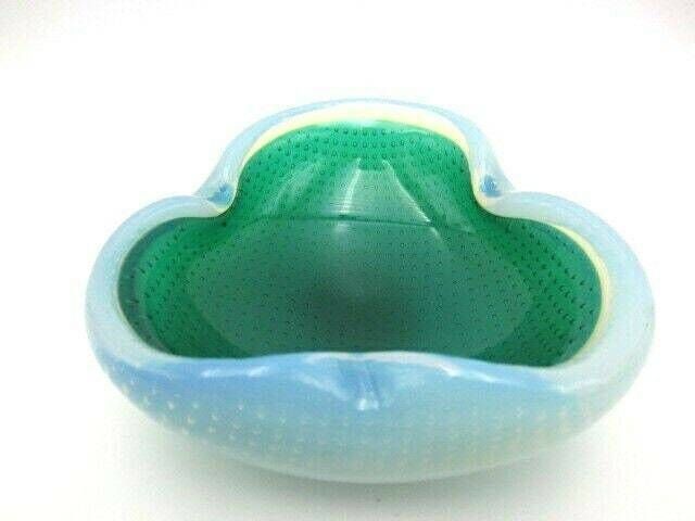 Murano Seguso Alabastro Green In Blue White Opal Bullicante Art Glass Bowl 50s