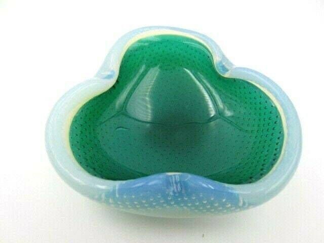 Murano Seguso Alabastro Green In Blue White Opal Bullicante Art Glass Bowl 50s photo for sale