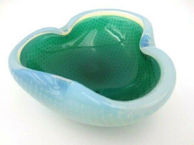 photo furniture Murano Seguso Alabastro Green In Blue White Opal Bullicante Art Glass Bowl 50s