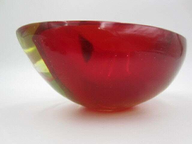 Kidney Shape Murano Sommerso Geode Red Art Glass Bowl "The Glowing Uranium Bowl" photo vinterior