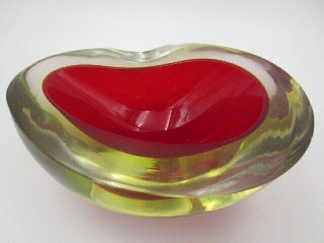 Kidney Shape Murano Sommerso Geode Red Art Glass Bowl "The Glowing Uranium Bowl" photo vintage