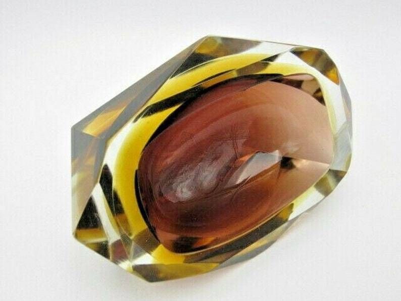 Murano Brown And Amber Sommerso Art Glass Geometric Faceted Block Cut Bowl C60s