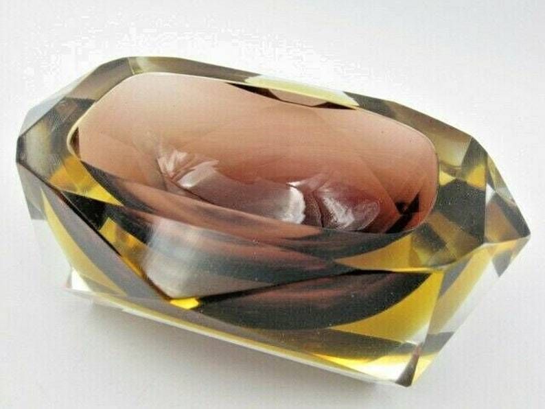 Murano Brown And Amber Sommerso Art Glass Geometric Faceted Block Cut Bowl C60s photo 198.0