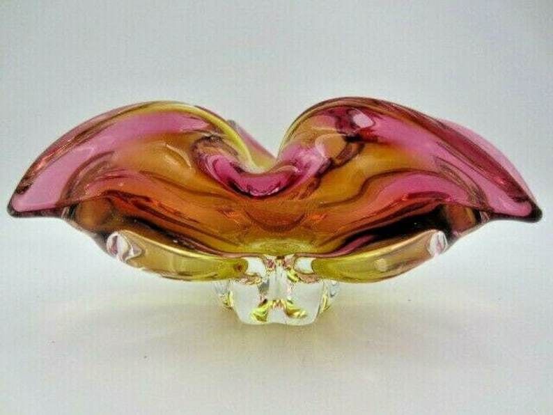 Murano Sommerso Style Chribska Pink And Gold Freeform Art Glass Bowl photo 86.0