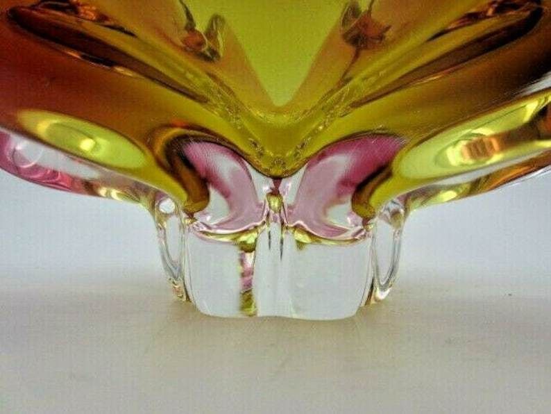 Murano Sommerso Style Chribska Pink And Gold Freeform Art Glass Bowl photo vinterior