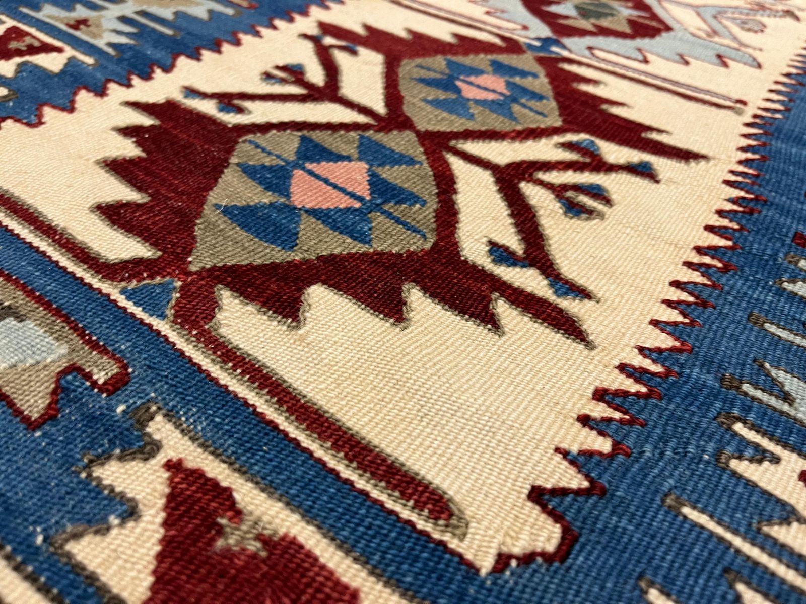 Blue Kilim Rug Geometric Handmade Carpet Oriental Cream Tribal Rug photo vinterior