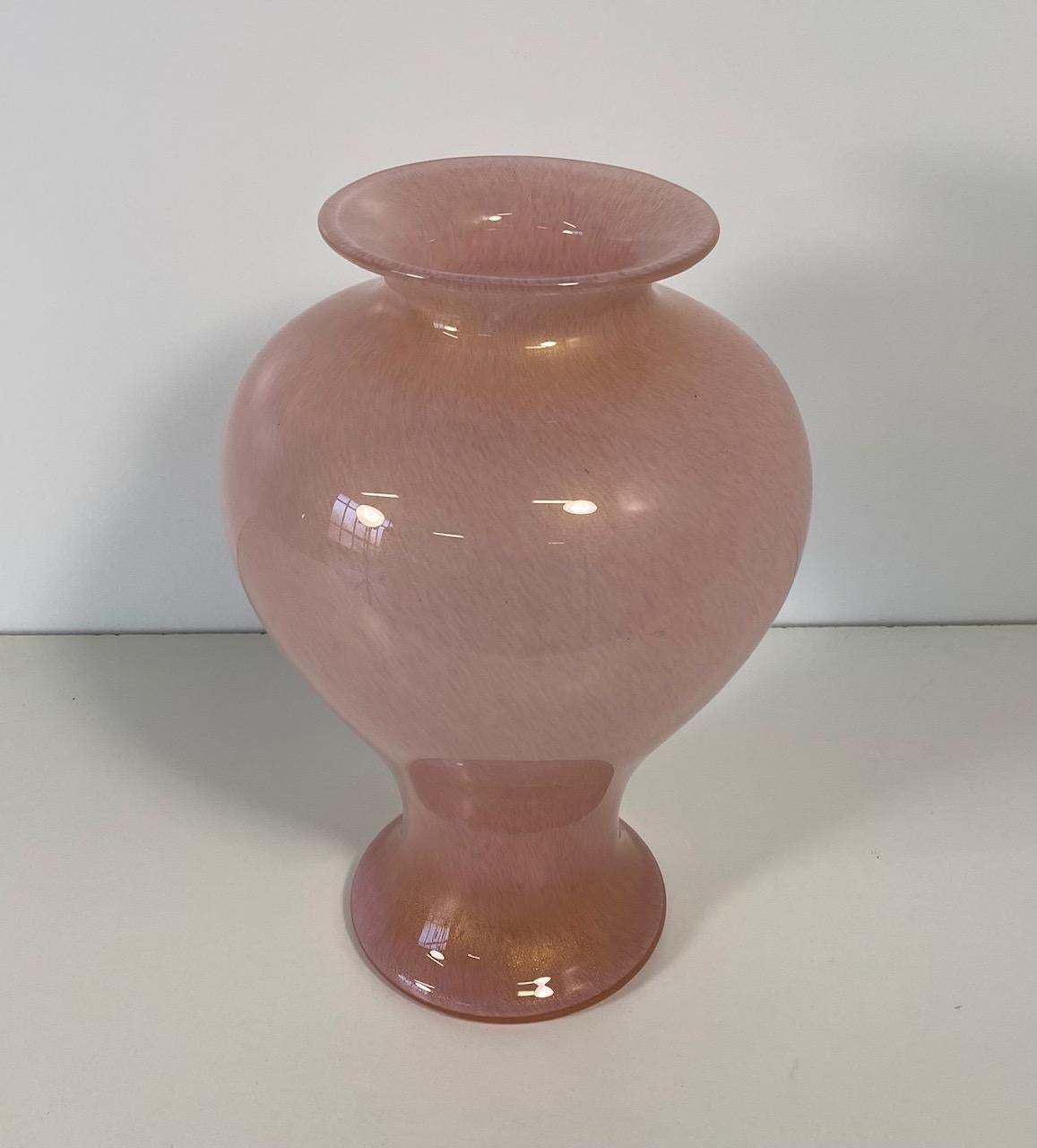 Italian Powder Pink And Gold Leaf Murano Glass Vase By Barovier & Toso