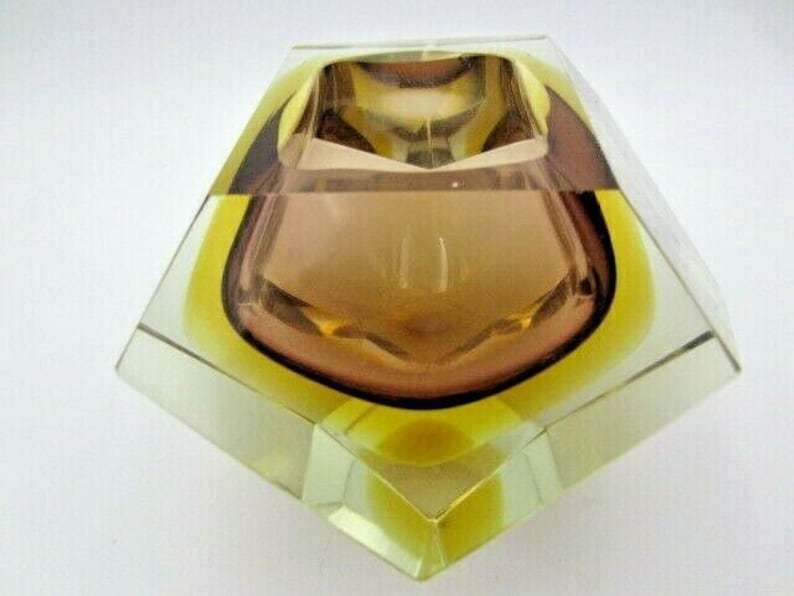 Flavio Poli Brown Amber Sommerso Diamond Faceted Murano Glass Bowl