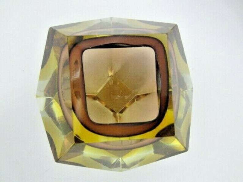 Flavio Poli Brown Amber Sommerso Diamond Faceted Murano Glass Bowl photo vintage