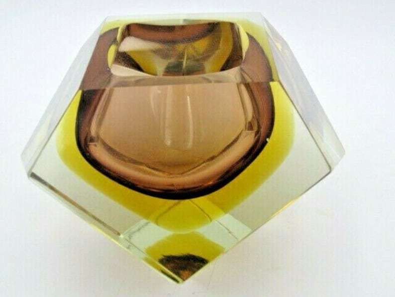 photo for sale Flavio Poli Brown Amber Sommerso Diamond Faceted Murano Glass Bowl