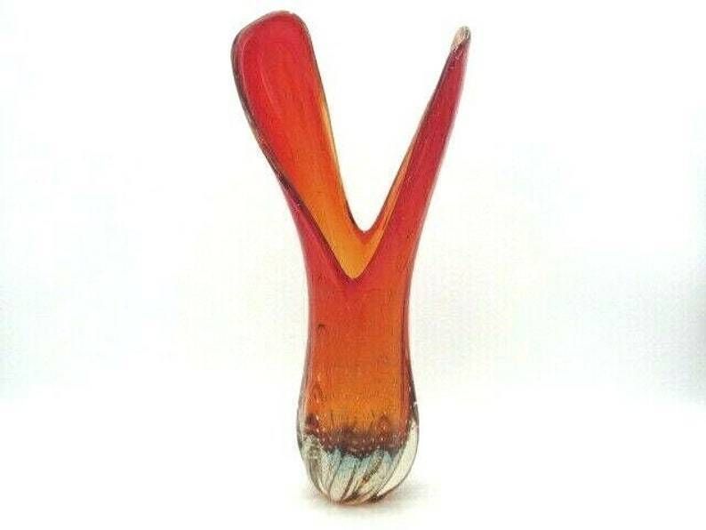 Murano 41cm Tall Red Amberina Venus Fly Trap Sommerso Art Glass Vase C1950s photo for sale