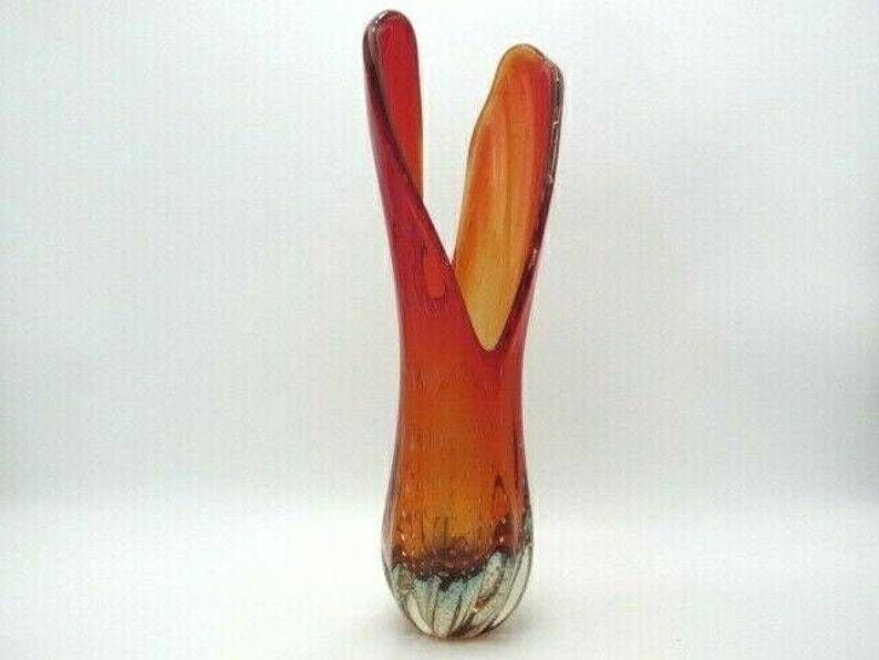 Murano 41cm Tall Red Amberina Venus Fly Trap Sommerso Art Glass Vase C1950s photo 238.99