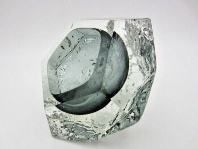 Murano Art Glass Sommerso Mandruzzato Faceted Bluey Grey Ice Glass Bowl photo buy