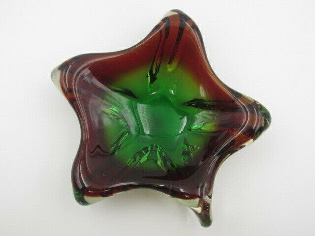 Star Shape Sommerso Art Glass Bowl Red Green In Thick Heavy Glass photo buy