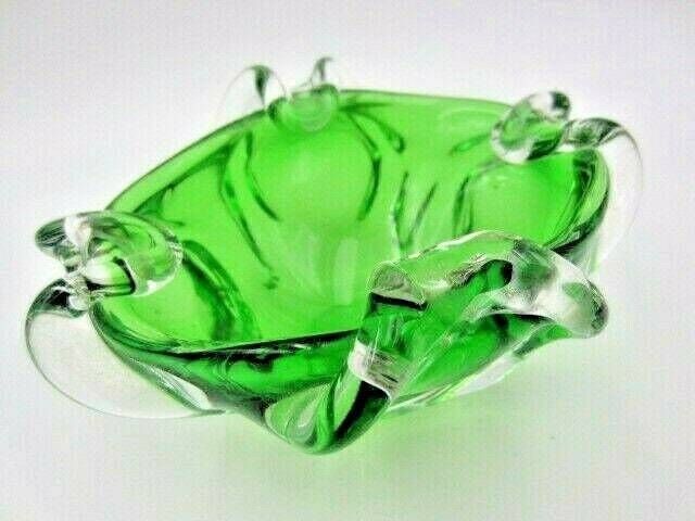 Green Murano Art Glass Bowl Sommerso Sculptural Unusual Ribbed Body 1960s photo furniture