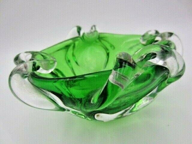 Green Murano Art Glass Bowl Sommerso Sculptural Unusual Ribbed Body 1960s photo for sale