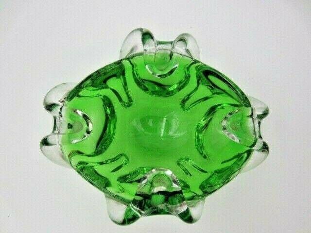 Green Murano Art Glass Bowl Sommerso Sculptural Unusual Ribbed Body 1960s photo vinterior