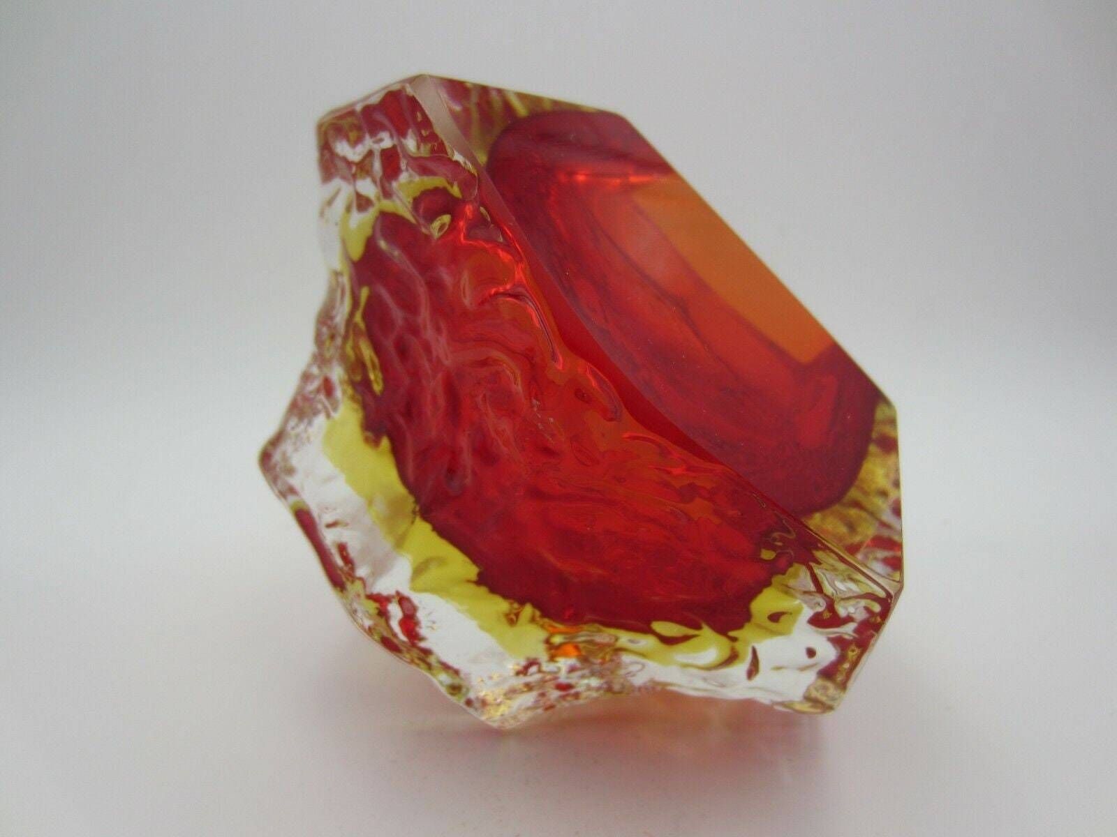 Murano Art Glass Sommerso Mandruzzato Faceted Red And Amber Ice Glass Bowl photo 110.0