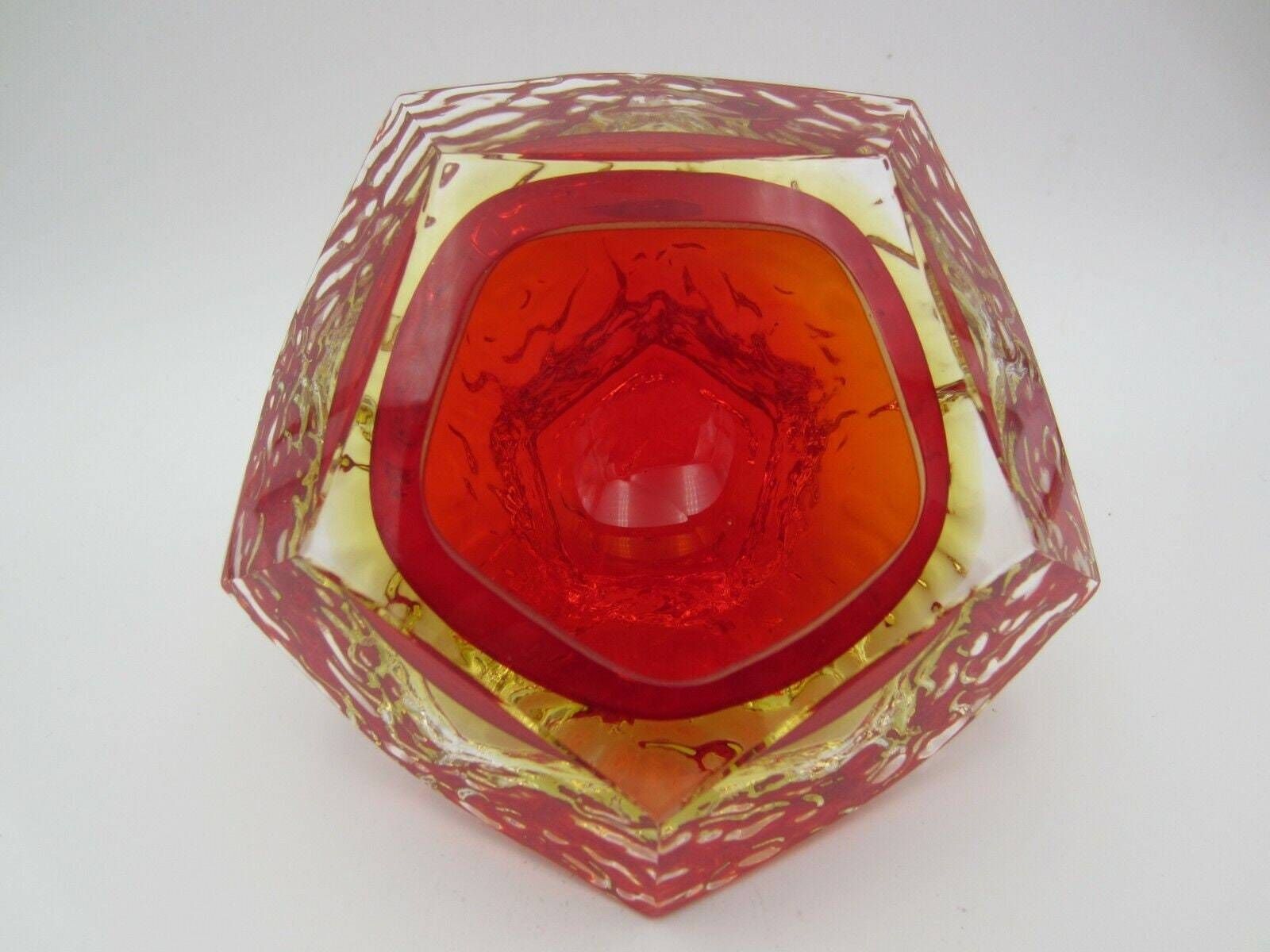 photo for sale Murano Art Glass Sommerso Mandruzzato Faceted Red And Amber Ice Glass Bowl