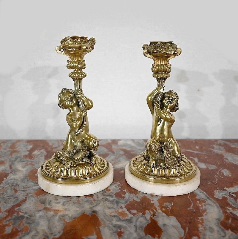 Pair Of Candlesticks In Gilt Bronze, Napoleon III Period, Mid 19th Century photo vintage