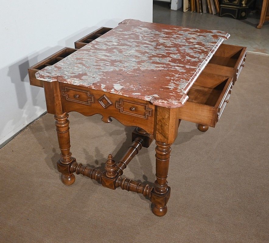 Game Table In Solid Walnut And Incarnat Turquin Marble, Louis XIII Style, Early 20th Century photo Furniture