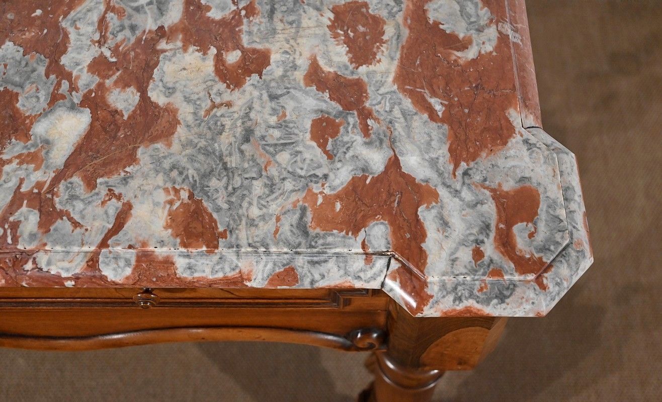 Game Table In Solid Walnut And Incarnat Turquin Marble, Louis XIII Style, Early 20th Century photo vinterior