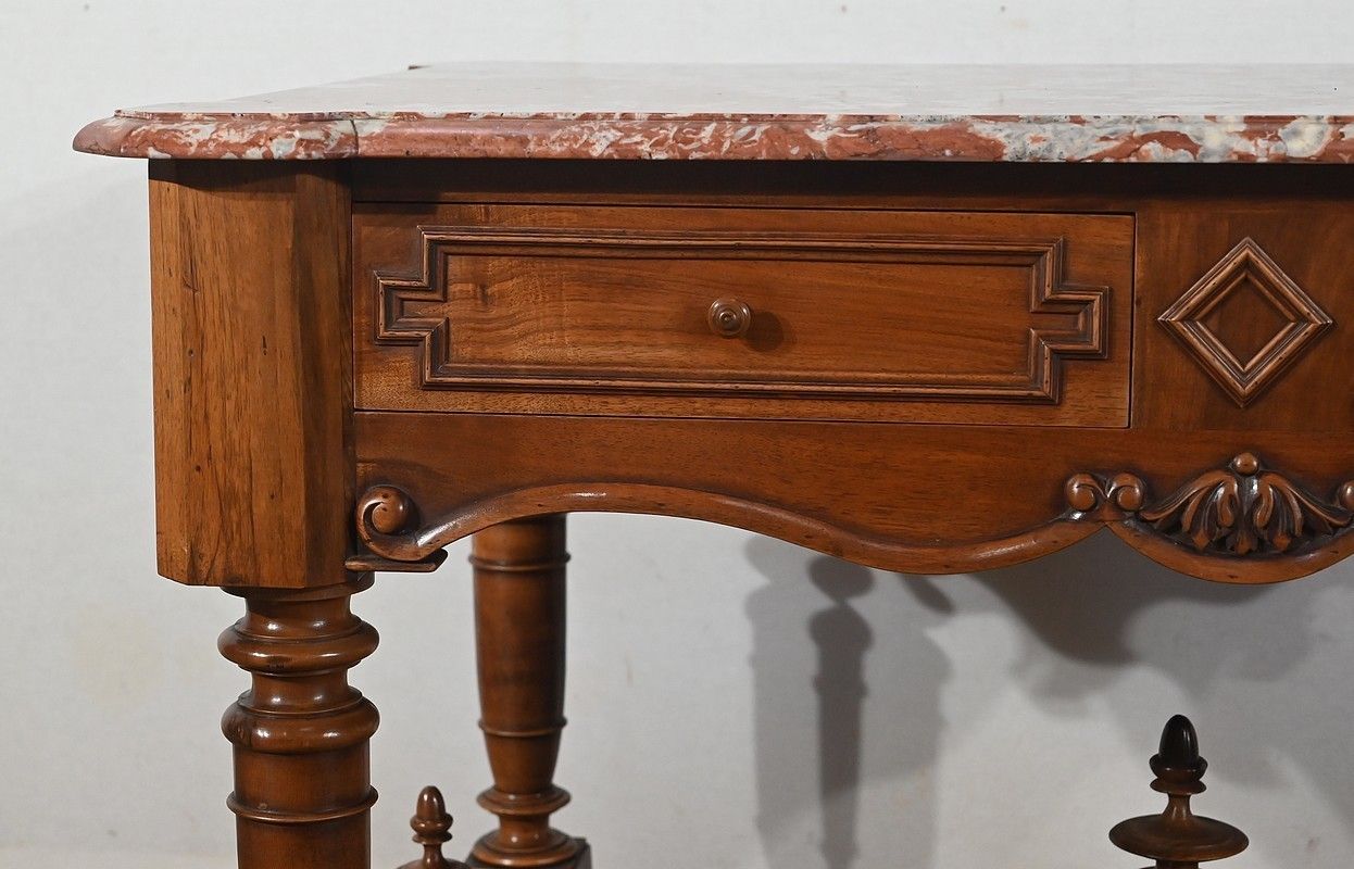 photo furniture Game Table In Solid Walnut And Incarnat Turquin Marble, Louis XIII Style, Early 20th Century