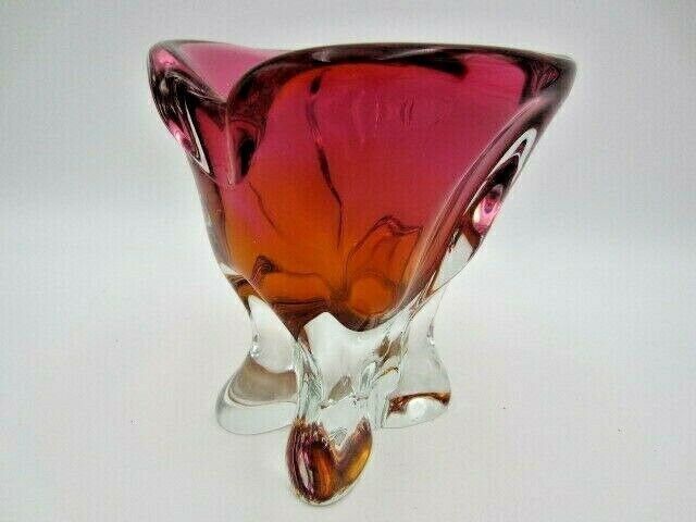 Hand Crafted Chribska Art Glass Vase Pink And Amber Czech photo 87.0