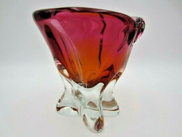 Hand Crafted Chribska Art Glass Vase Pink And Amber Czech photo buy