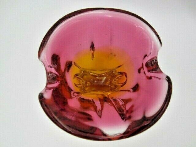 Hand Crafted Chribska Art Glass Vase Pink And Amber Czech photo vintage