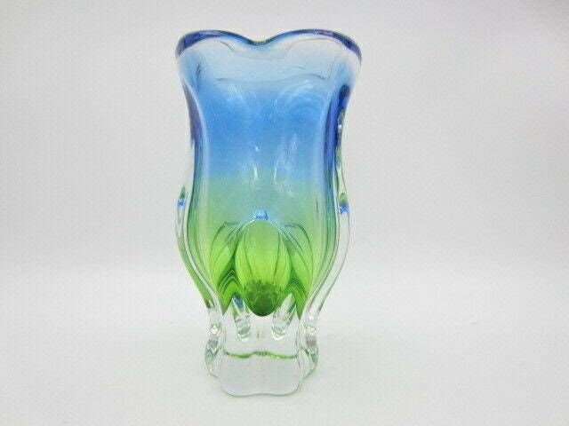 Beautiful Chribska Acid Green And Blue Sommerso Art Glass Tulip Vase photo Home Decor