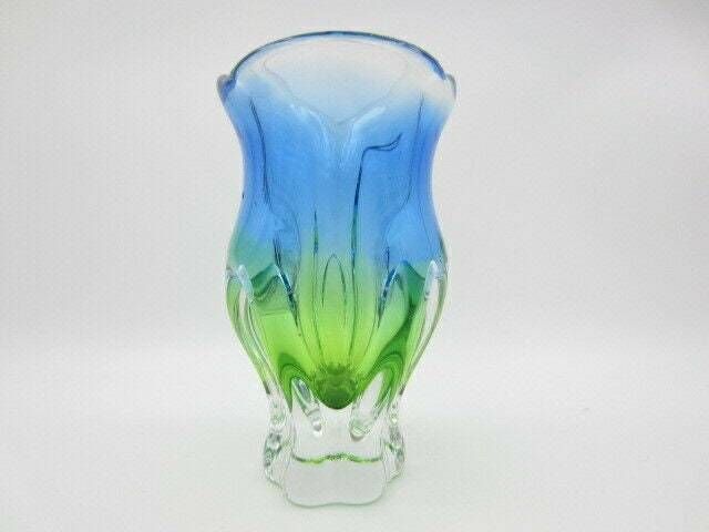 Beautiful Chribska Acid Green And Blue Sommerso Art Glass Tulip Vase photo 85.0