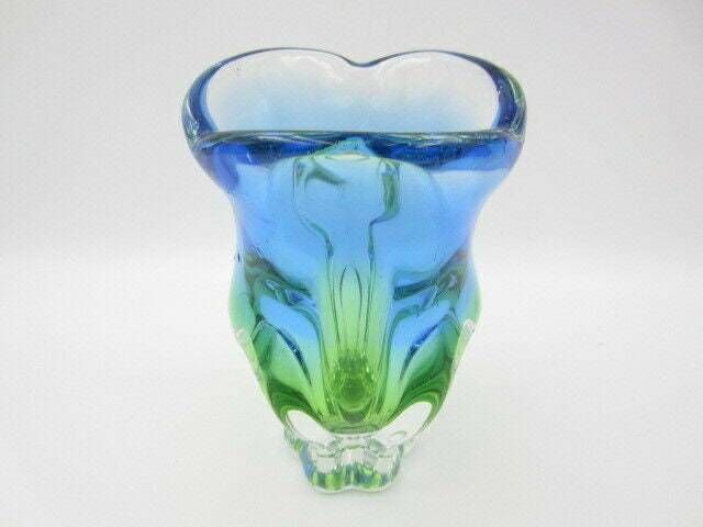 Beautiful Chribska Acid Green And Blue Sommerso Art Glass Tulip Vase photo vinterior