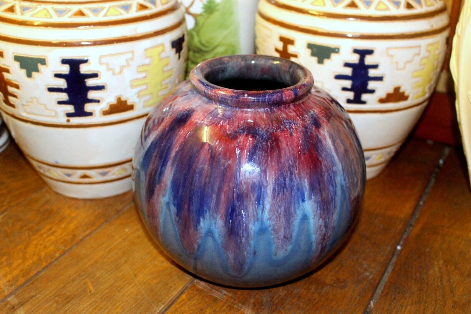 Home Decor French Pottery Ceramic Heavy Bulbous Vase Glazed In Blue Colorful From 1940 photo