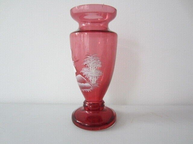 Mary Gregory Enamel Painted Cranberry Urn Shaped Art Glass Vase. photo for sale