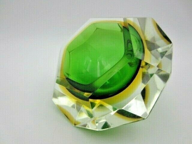 Murano Sommerso Green Amber Poli Seguso Facet Cut Art Glass Bowl photo for sale