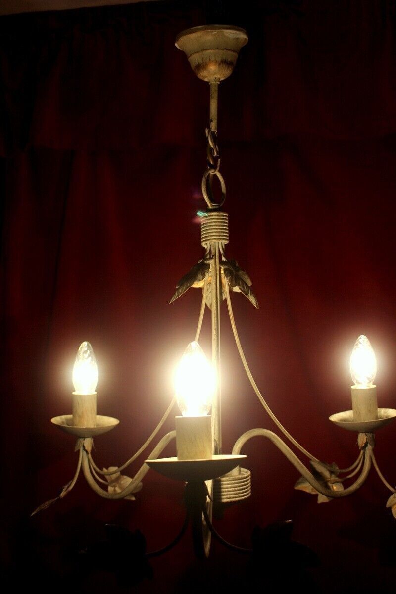 Italian Metal Tole Were Beige Chandelier 3 Arms With Golden Leaves photo for sale