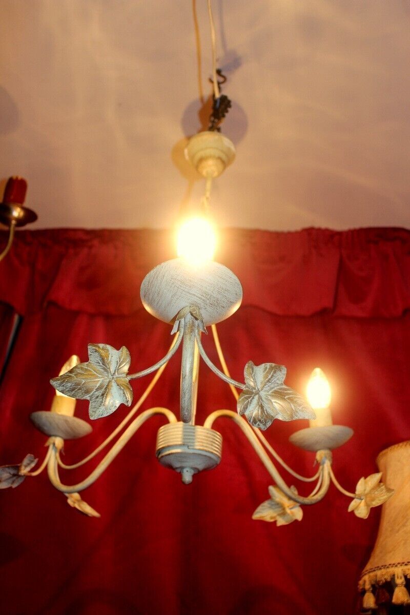 photo furniture Italian Metal Tole Were Beige Chandelier 3 Arms With Golden Leaves