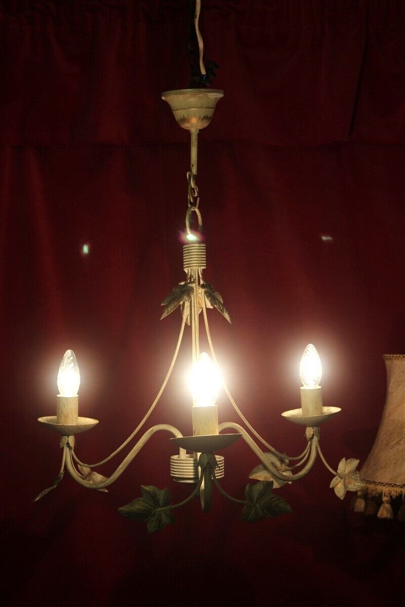 photo for sale Italian Metal Tole Were Beige Chandelier 3 Arms With Golden Leaves