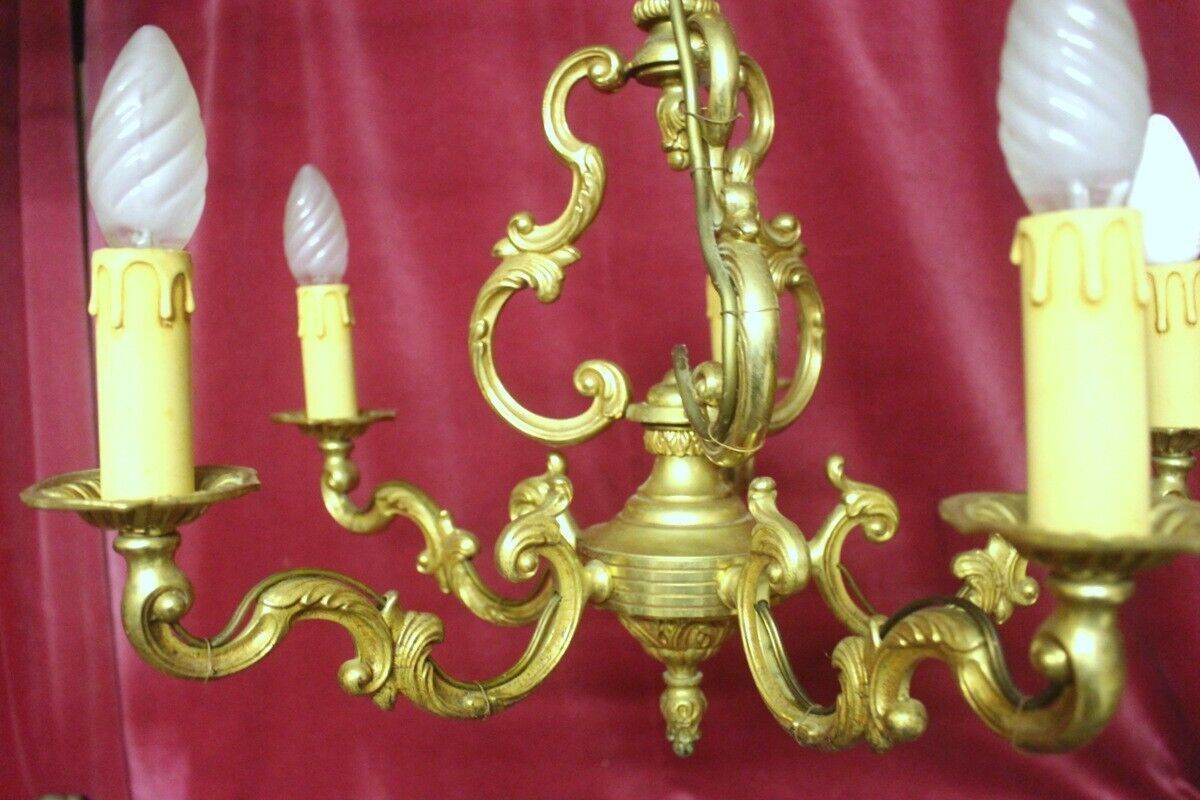 Heavy French Vintage Embossed Brass Chandelier Rococo Bird Cage Style 5 Arms photo vintage
