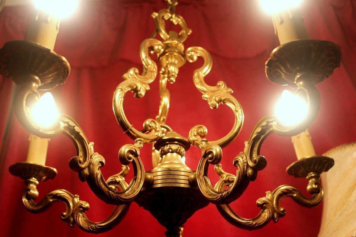 photo buy Heavy French Vintage Embossed Brass Chandelier Rococo Bird Cage Style 5 Arms