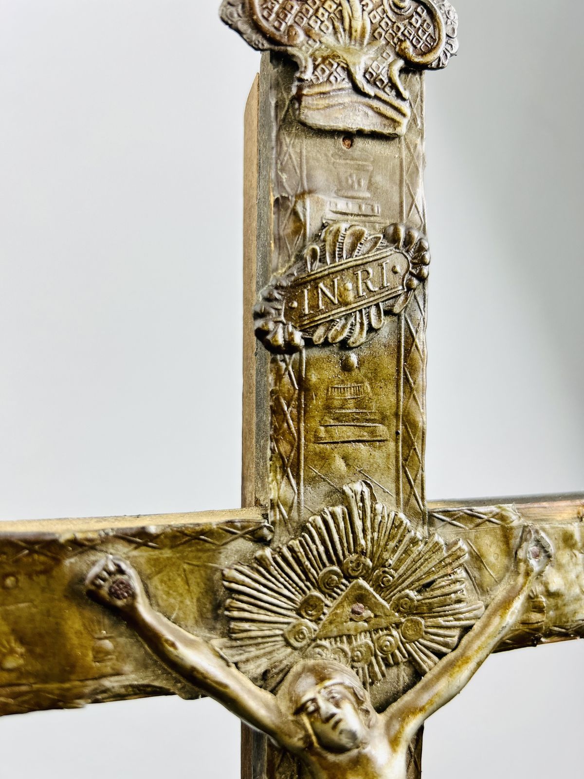 Inri Antique French Hand Carved Art Nouveau Crucifix.